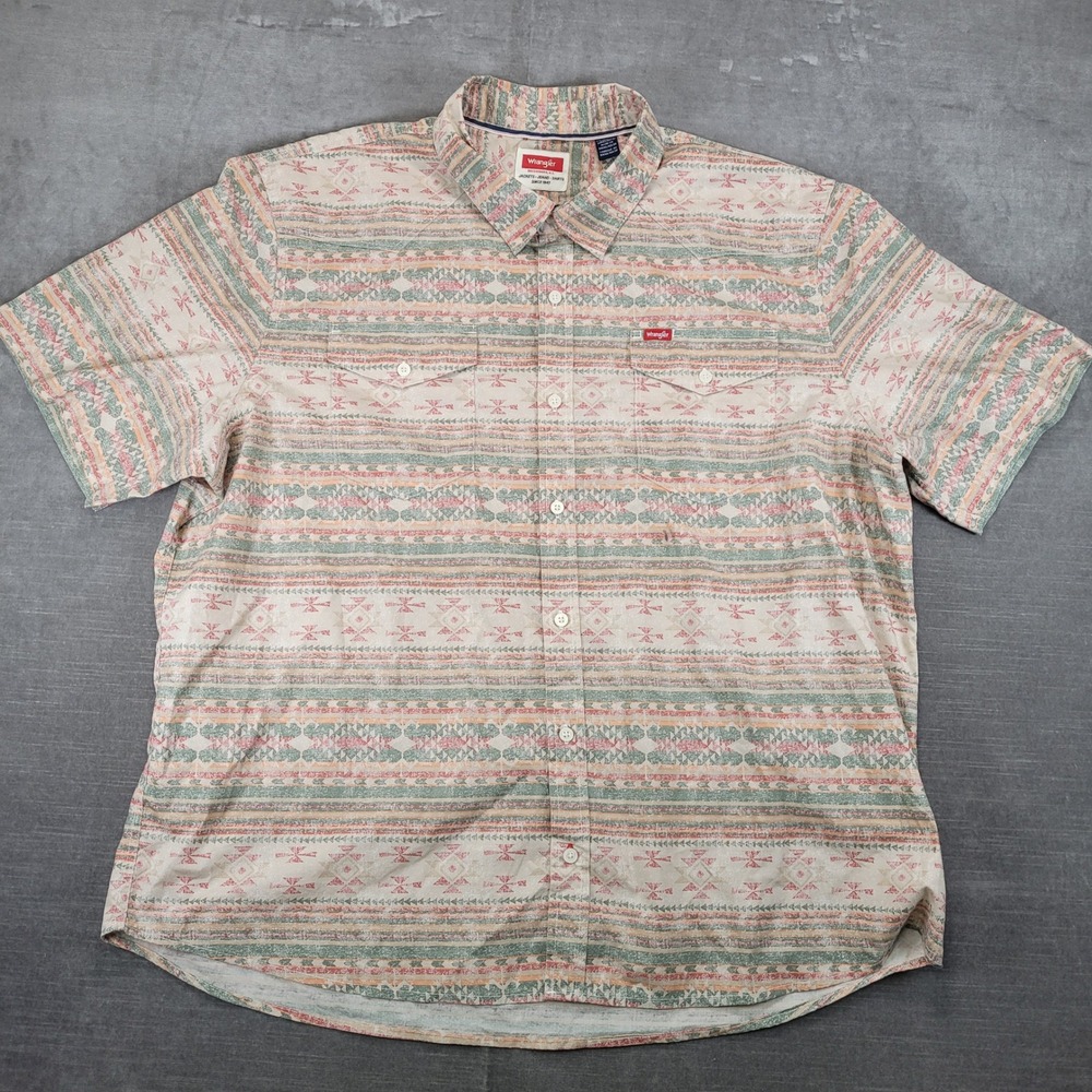 Wrangler 2XL Short Sleeve Shirt Button Up Beige‎ Green Aztec Western Mens